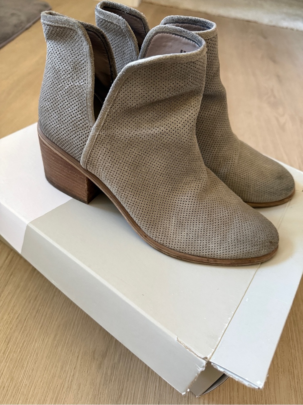 Women's Taupe Suede Perforated Ankle Boot with Block Heel